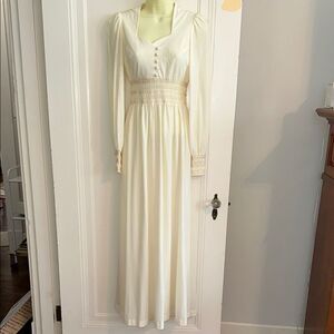 Vintage 70s Candi Jones California Cream Maxi Dress/Smocked Waistband‎ & Cuffs